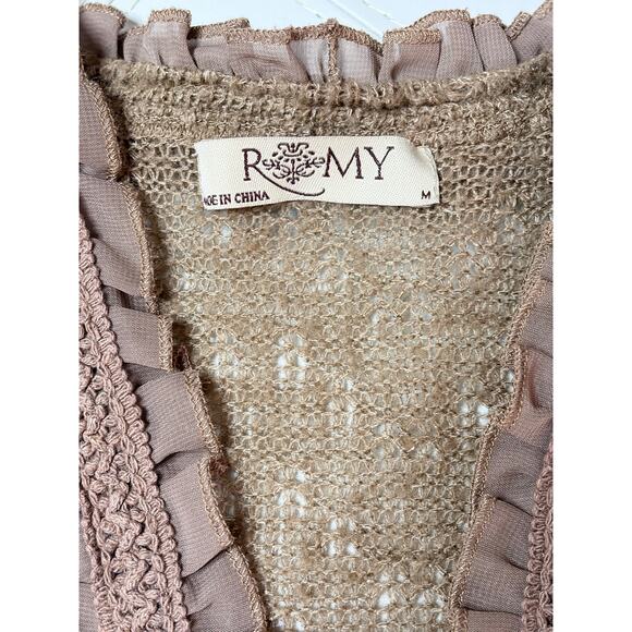 Romy Brown Pointelle Knit Open Cardigan with Ruffle Accent Size M - Picture 4 of 8